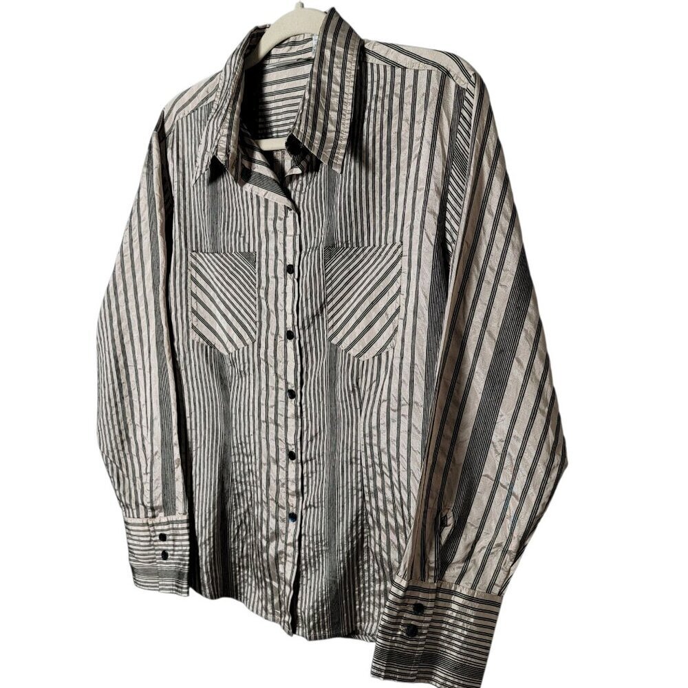 Chico's Metallic Silk Blend Striped Long Sleeve Button Up Work Shirt Size 1 M - Picture 2 of 10